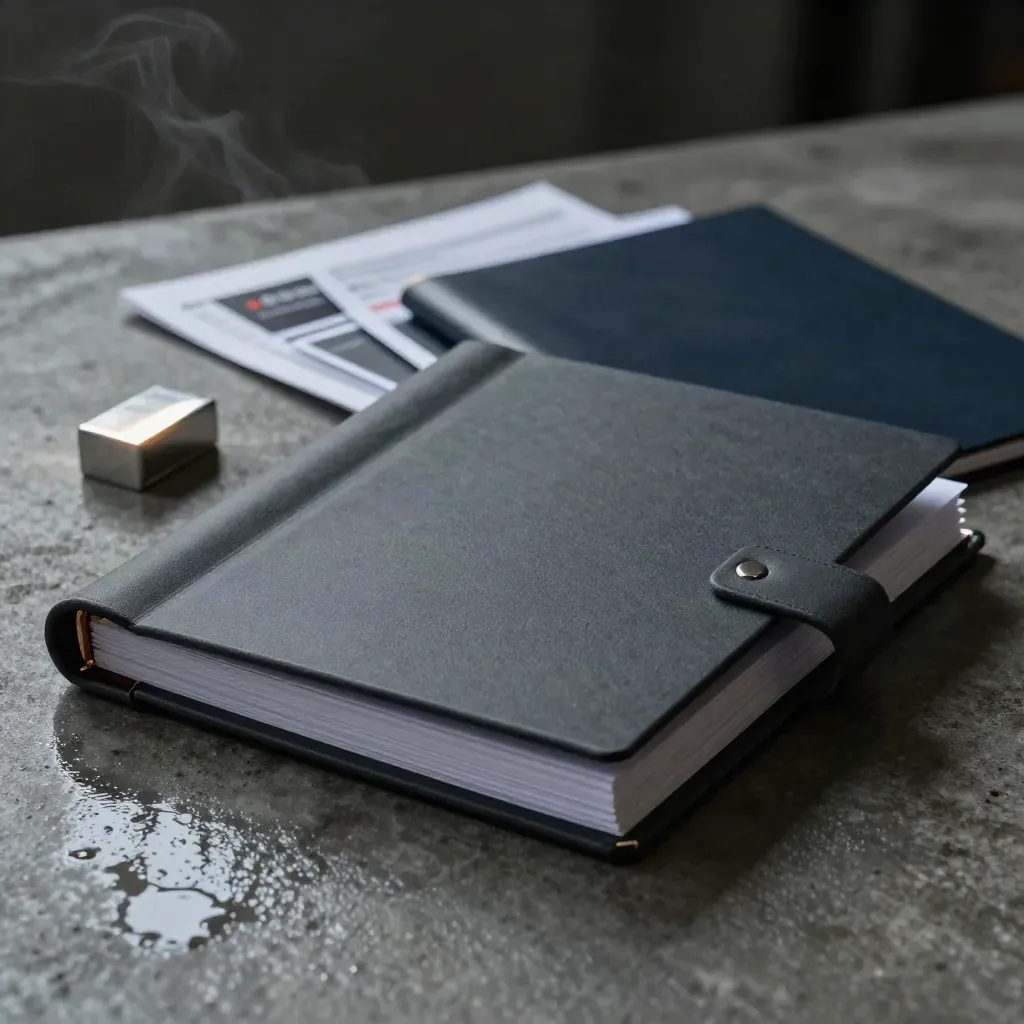 Charcoal ads cleanup binder and metal eraser block on wet concrete in dramatic studio light
