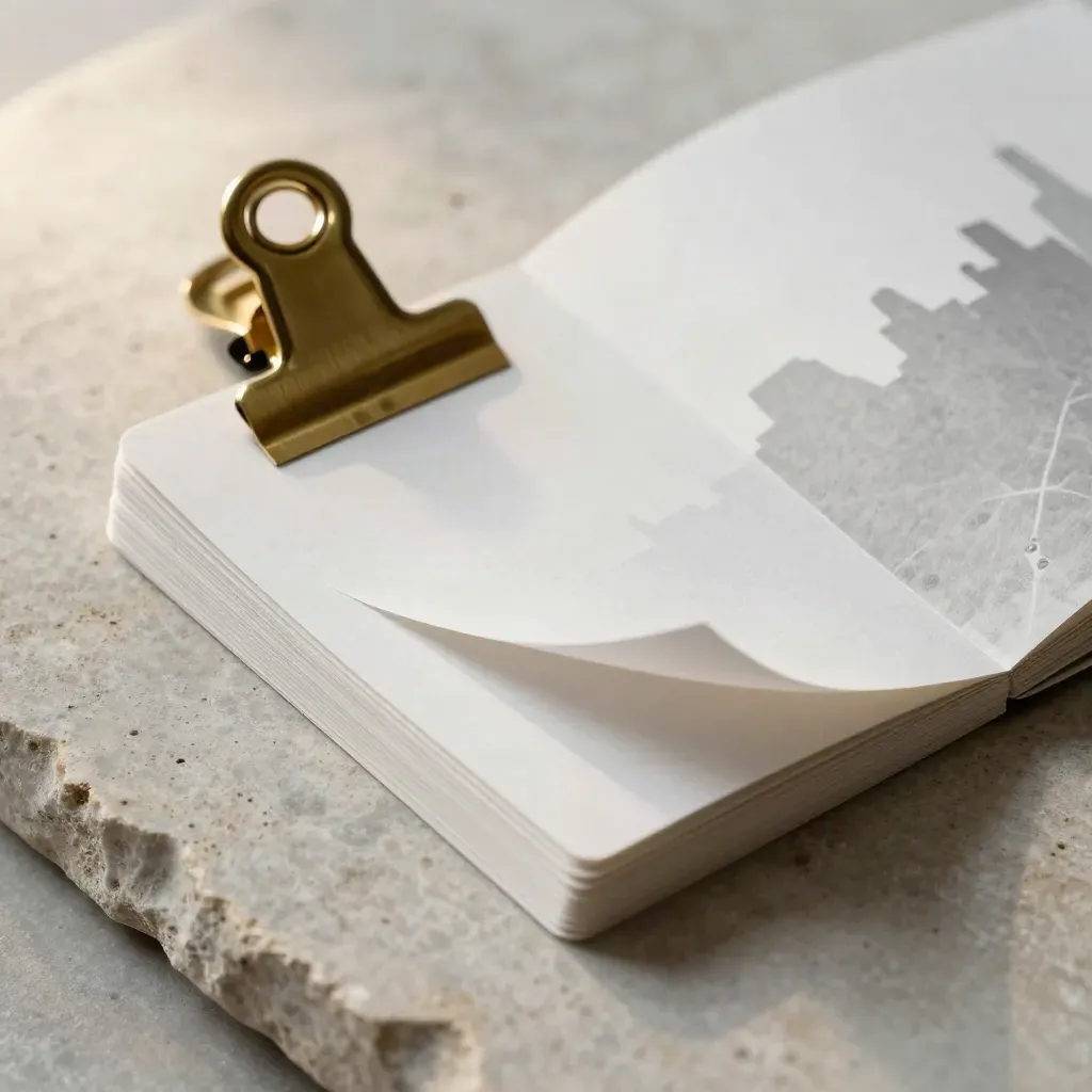 Layered blank location cards, brass clip, and folded map sheet on pale stone.