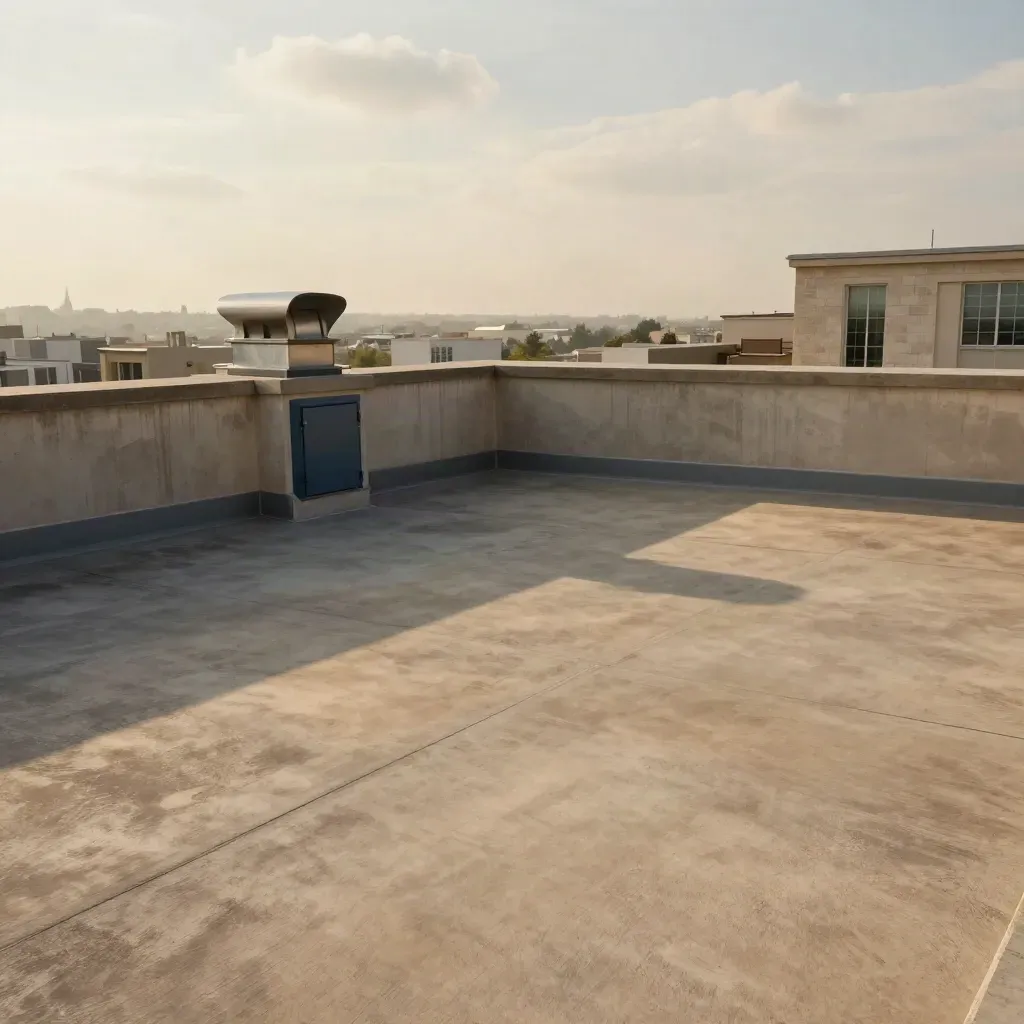 Warm rooftop terrace overlooking a hazy city skyline at golden hour